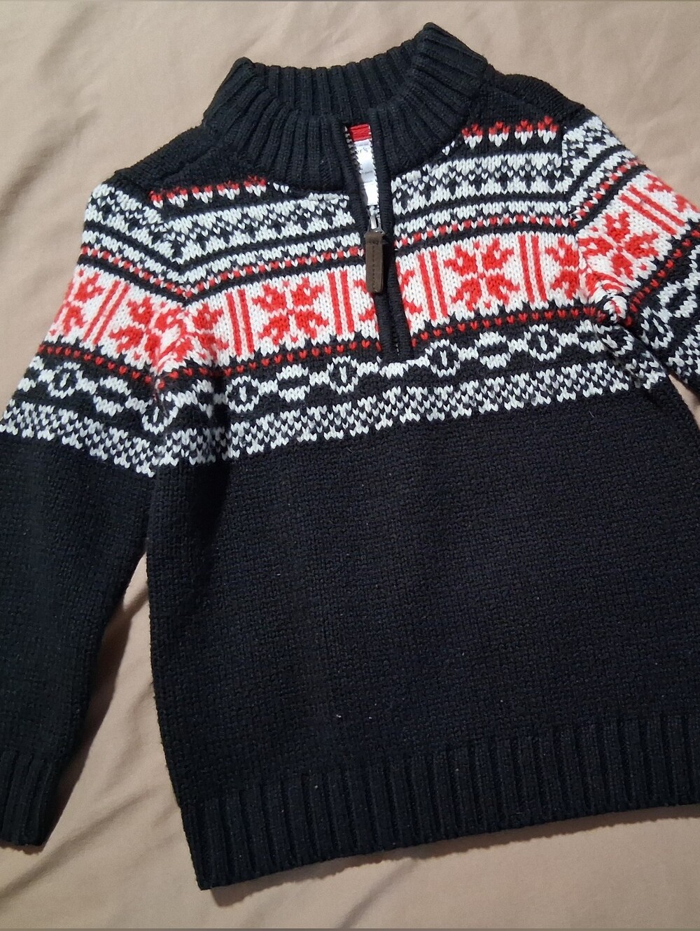 Carter's Black Quarter Zip Pullover Mock Neck Sweater Red White Fair Isle Yoke
